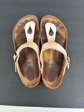 Birkenstock Beige Leather Thong Sandals with Buckle size 8 ,81/2